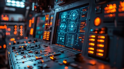 Futuristic spaceship control panel displays vital information