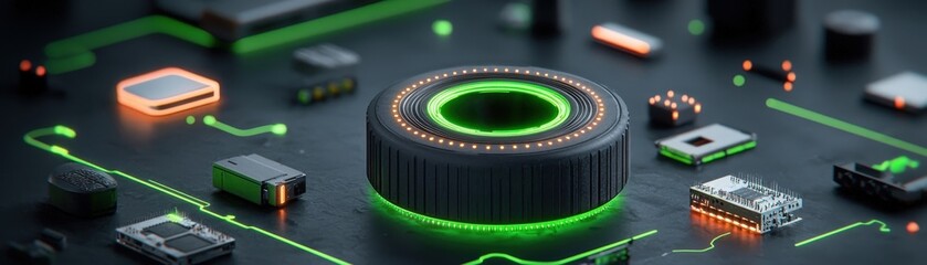 High-Tech Circuit Board with Neon Green Elements and Modern Computer Components