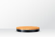© backup16 - 3D wooden and black podium on gray background. Round stage display product. Empty circle stand pedestal of natural wood for luxury product presentation. Realistic modern vector illustration.