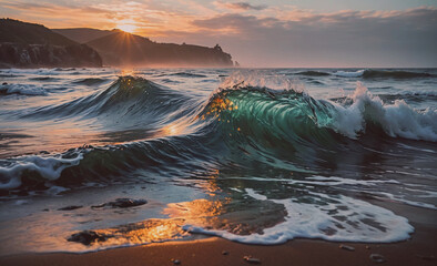 Fototapete - The ocean is calm and the sun is setting. The water is green and the waves are small