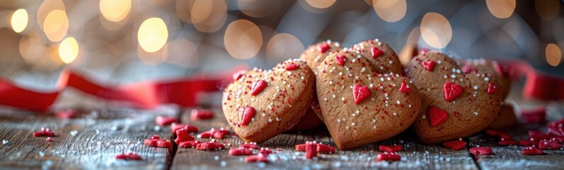 Wall Mural - There are three cookies with sprinkles on a wooden table, love background, food background, banner, copy space