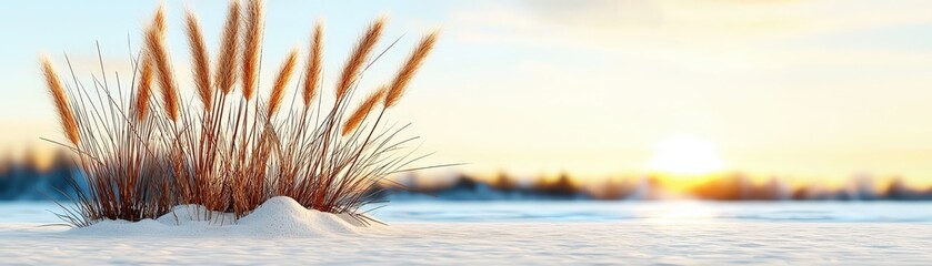 Wall Mural - Frosty Landscape with Tall Grass and Sunset Glow in Winter Scene