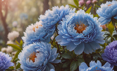 Poster - Bunch of blue flowers with yellow centers. The flowers are in a garden. There are also some white flowers in the background