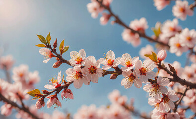 Poster - Branch of a tree with pink flowers. The flowers are in bloom. The sky is blue