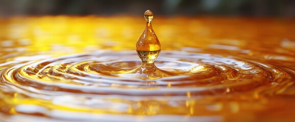 Wall Mural - Golden liquid drop falling, creating concentric ripples on the surface.