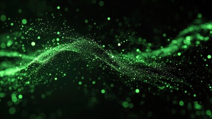 Wall Mural - abstract green particle wave: dynamic flow of luminous dust in dark space