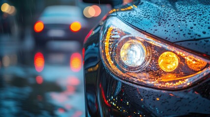 Wall Mural - Blurred bokeh of car headlights on a rainy night, with colorful reflections in the background.