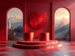 Wall Mural - chinese new year theme, a red podium stage with a circular window displaying a traditional Chinese mountain landscape. The background includes red floral decorations and a red wall with vertical lines