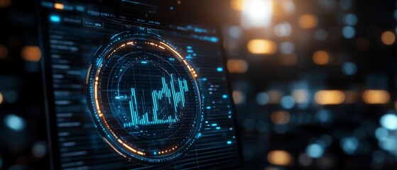 a high tech data visualization on digital screen with glowing elements