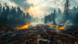© Анна Терелюк - A forest fire is burning in the woods. The sky is cloudy and the sun is setting. The fire is spreading quickly and the trees are on fire
