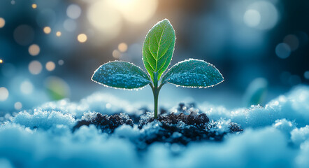 Wall Mural - A small plant is growing in the snow. Concept of hope and resilience, as the plant continues to grow despite the harsh winter conditions