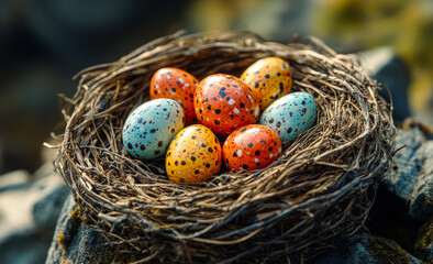 A nest of eggs with a mix of colors and spots. The eggs are in a basket and are surrounded by twigs