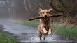 © KenPix - Golden retriever running, carrying large stick, splashing through water, foggy atmosphere, riverbank, action shot, joyful dog, outdoor adventure, nature photography, dynamic pose, wet fur, motion blur