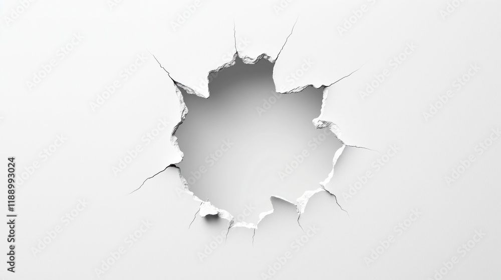 Round hole ripped through white wall. Wall shows cracks radiating ...