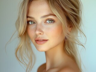 Wall Mural - Closeup studio portrait of young attractive blonde woman. Natural beauty, confident pose highlighted. Beautiful make-up, healthy skin shown. Stands against white background. Image suggests beauty,