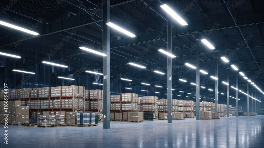 View of Large industrial warehouse, rows of tall shelving units, stacked ...