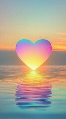 Wall Mural - Rainbow glow love valentine, Glowing Rainbow Heart Shape Over Serene Water Surface at Sunset with Beautiful Gradient Colors Valentine concept