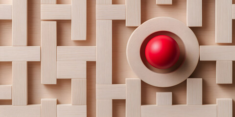 Red sphere at the end of a wooden maze. Concept of problem solving and finding solutions.