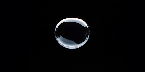 a single, perfectly round bubble floats against a stark black background, showcasing its delicate, s