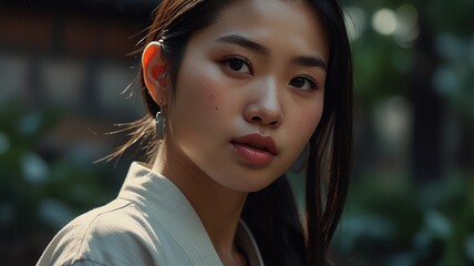 An Asian woman with a beautiful face in traditional costume.