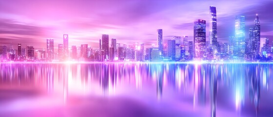 Wall Mural - A city skyline with a pink and purple sky