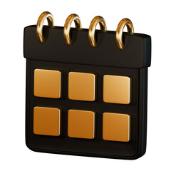 Black and gold calendar icon with golden rings 3d