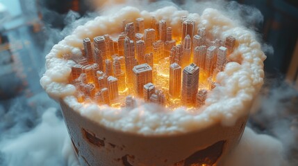 Wall Mural - Miniature city engulfed in dry ice fog, illuminated from below.