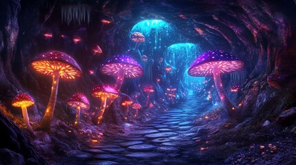 Colorful mushrooms glowing in a mystical dark cave.