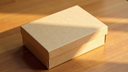 Poster - A Simple Brown Cardboard Gift Box on a Wooden Surface in Sunlight