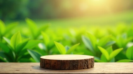 Poster - Wooden Slice Display on Rustic Table with Lush Greenery Background