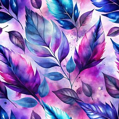 Watercolor seamless pattern with purple and blue leaves, A vibrant seamless watercolor pattern featuring detailed purple and blue leaves on a textured background, perfect for elegant and artistic desi