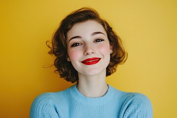 Poster - A cheerful woman with her arms raised in victory, standing against a vibrant yellow background.