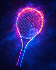 Tennis racket shining with colorful neon lights, symbolizing the innovation and energy of modern sports equipment in an active environment