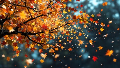 a vibrant autumn tree with falling leaves, symbolizing change and renewal, perfect for seasonal gree