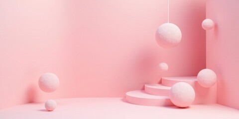 Fototapete - Pastel Pink Abstract Scene with Floating Spheres and Steps