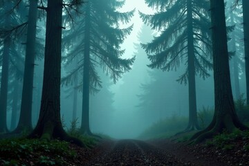 misty forest, towering trees, foggy atmosphere, mist, peaceful, fog