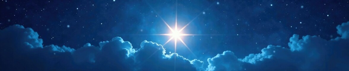 Radiant star shines against a deep blue background with wisps of cloud, light, atmosphere
