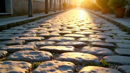 Aufkleber - Golden Hour Cobblestone Path A Sun-Drenched Stone Roadway