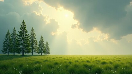 Aufkleber - Serene Meadow Landscape Evergreen Trees Under a Partly Cloudy Sky at Sunset