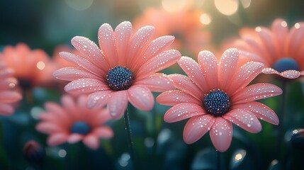 Wall Mural - Dew-kissed pink daisies, sunrise garden