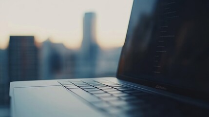 Laptop displaying code with city skyline at sunset.