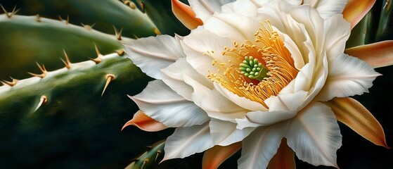 Wall Mural - Desert cactus blossom, close-up. Background Spiny cactus, nature. Use Botanical, nature print