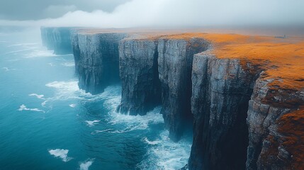 Poster - Dramatic coastal cliffs, ocean waves, misty landscape; travel, nature backdrop