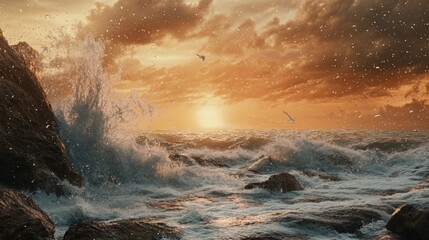 Wall Mural - Dramatic ocean sunset, waves crashing on rocks. Use Background