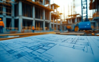 A construction site with house blueprints spread out on a table, workers in action, cranes and other machinery in the background, marked by clean architectural lines