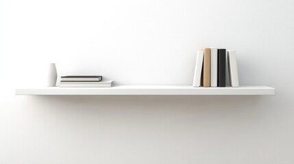 Minimalist white shelf with books, vase, and notebooks against a white wall.