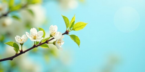 Poster - Delicate white blossoms on a branch against a bright blue sky, a springtime scene