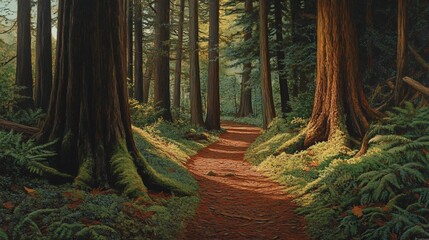 Wall Mural - Forest path sunlight moss trees nature tranquility