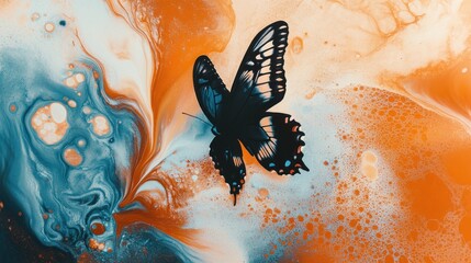 Wall Mural - Black butterfly on abstract orange and teal paint.