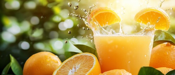 Sticker - Fresh orange juice splash, orchard background, healthy drink